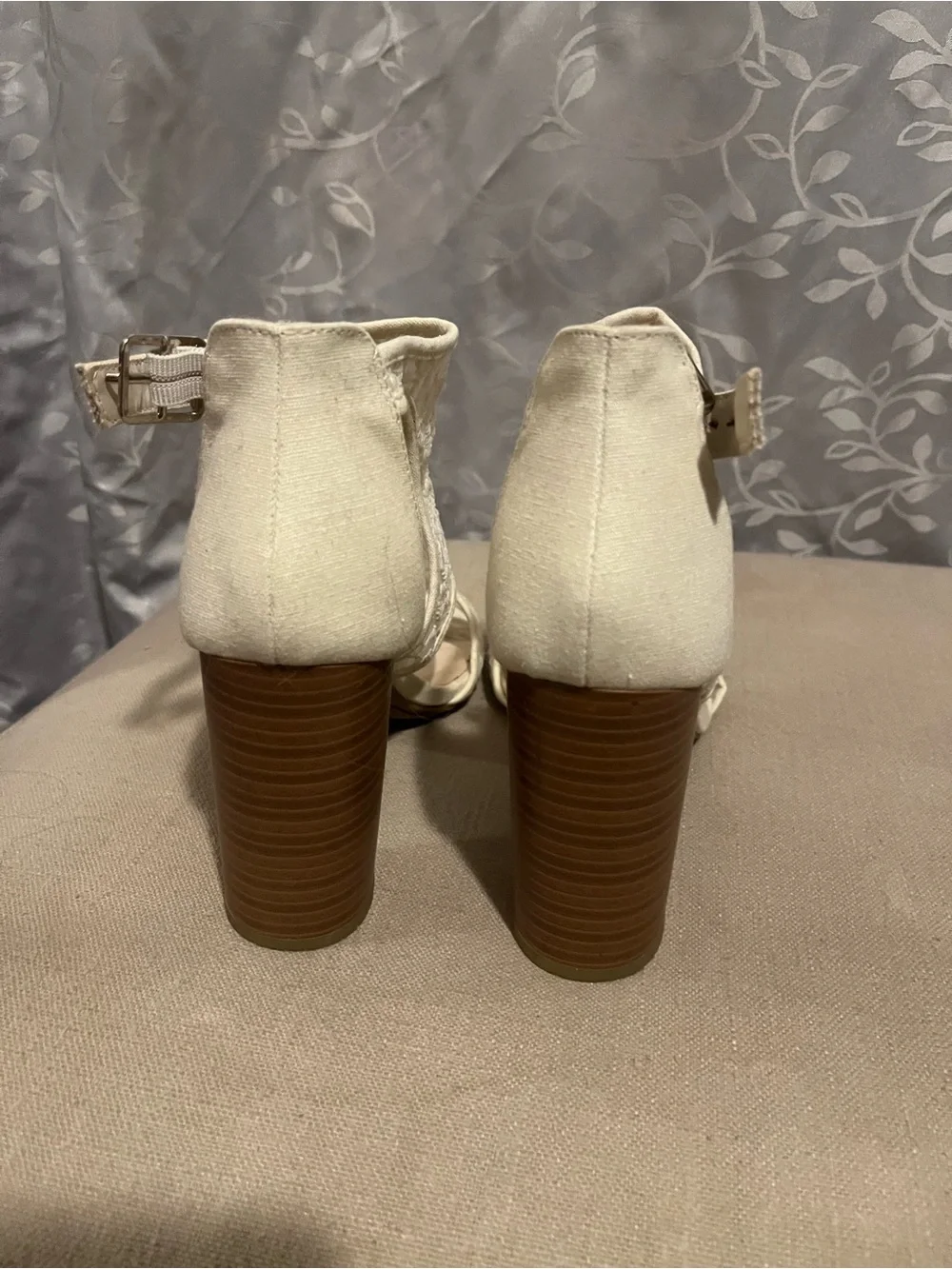 Fergie Cream Lace Peep-Toe Block Heel Sandals